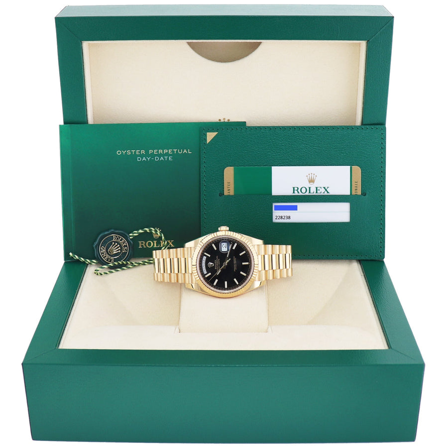 Mint PAPERS Rolex Day-Date 40 President 228238 Black Motif Stick Yellow Gold Watch Box
