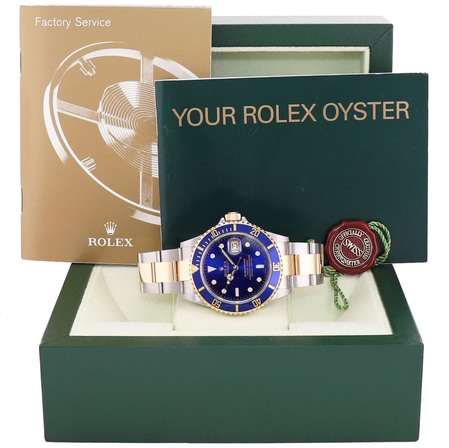 2005 Rolex Submariner 16613 Gold Steel Two Tone Gold Buckle Sunburst Blue Watch
