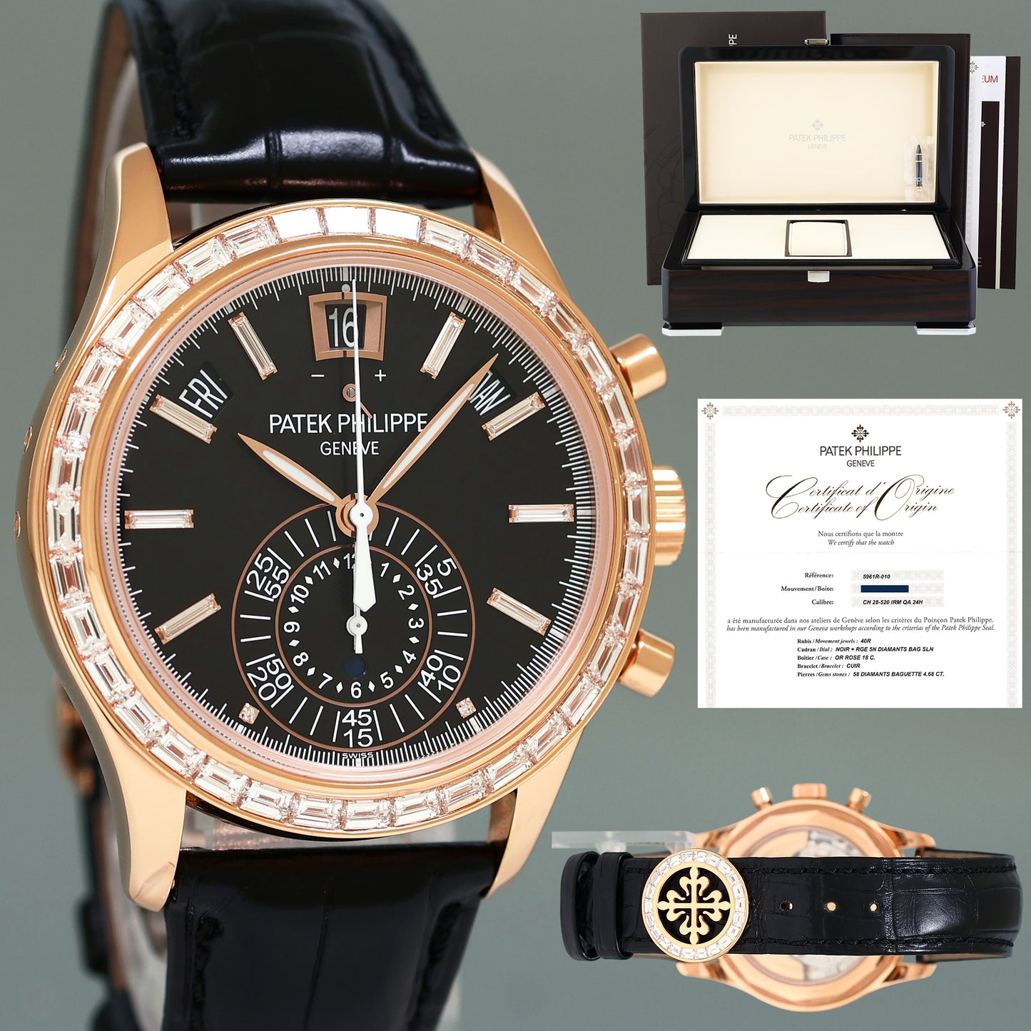 NEW 2022 PAPERS Patek Philippe 5961R Rose Gold Chrono Diamond Baguette Watch Box
