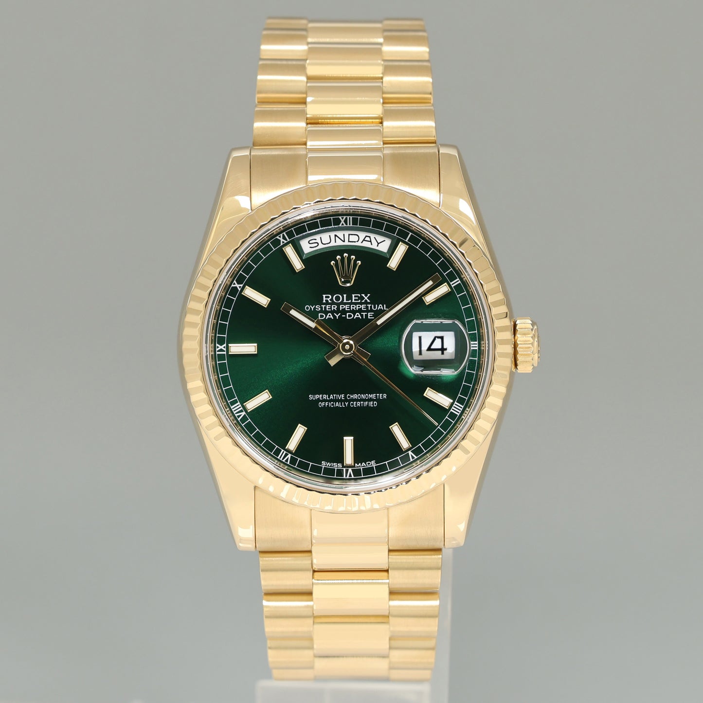 MINT 2014 Rolex President Yellow Gold Day Date Green Stick Dial 118238 Watch Box