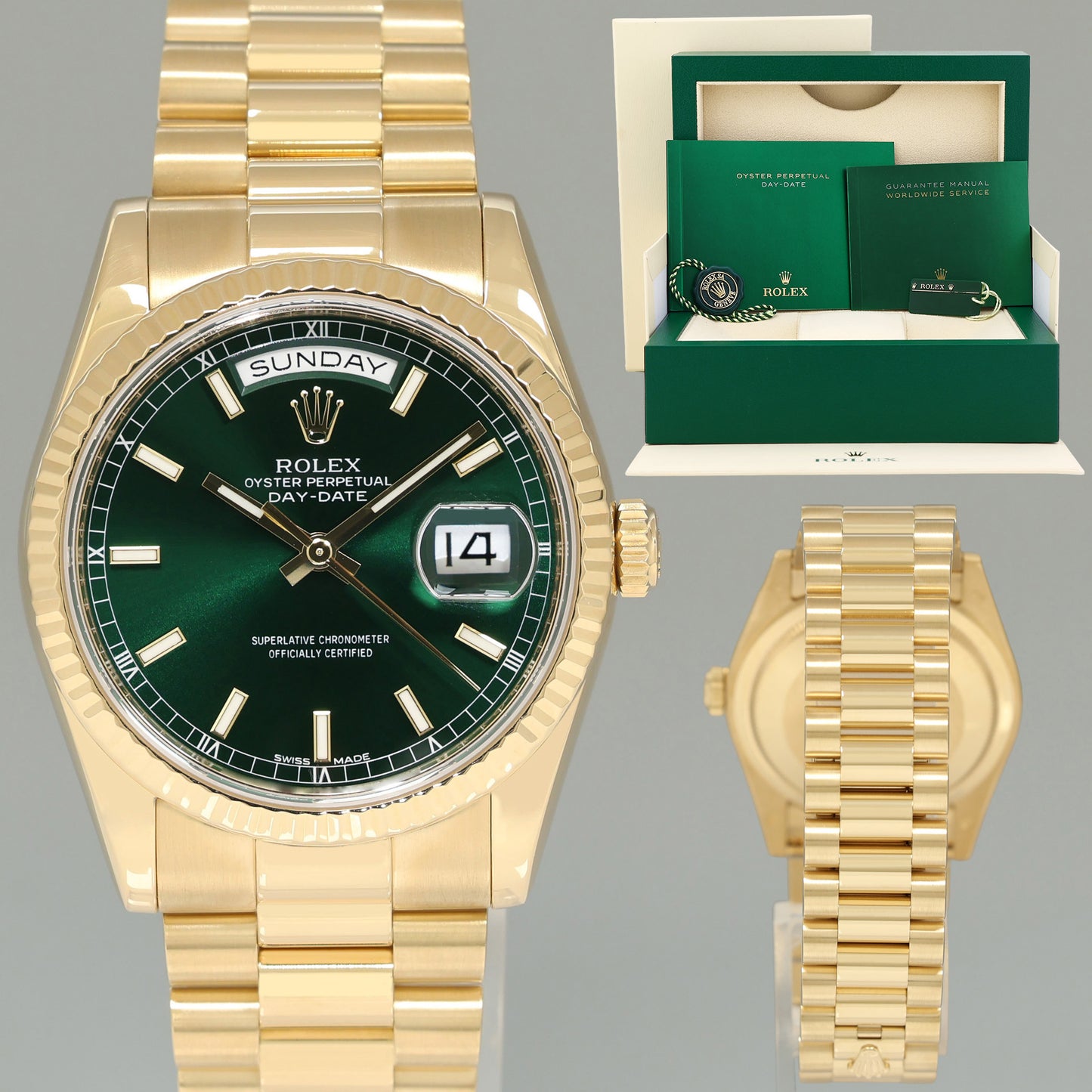 MINT 2014 Rolex President Yellow Gold Day Date Green Stick Dial 118238 Watch Box