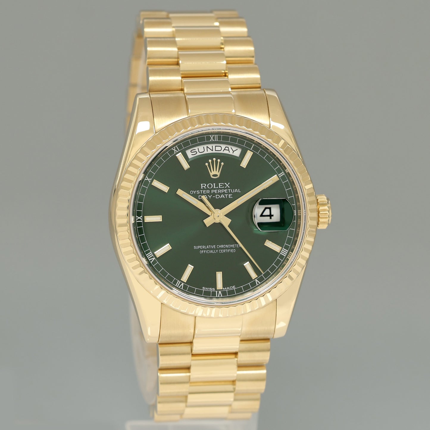 MINT 2014 Rolex President Yellow Gold Day Date Green Stick Dial 118238 Watch Box