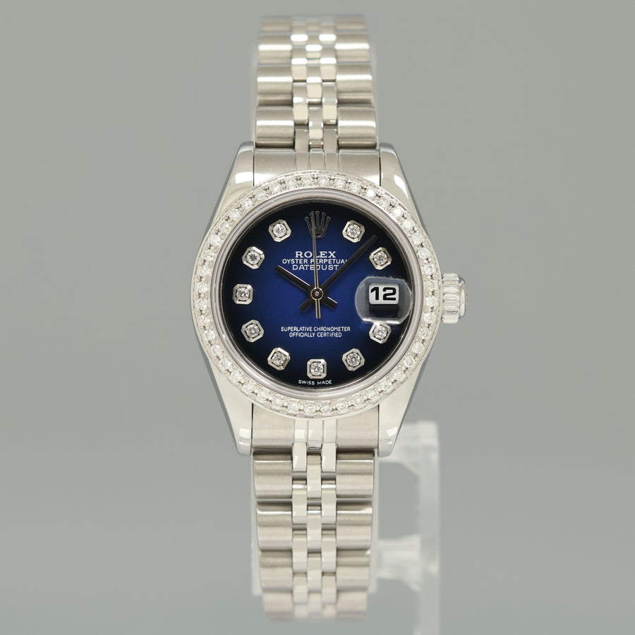 MINT Ladies Rolex 79174 DateJust 26mm Silver Blue Vignette Diamond Bezel Jubilee Watch