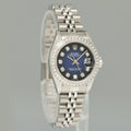 MINT Ladies Rolex 79174 DateJust 26mm Silver Blue Vignette Diamond Bezel Jubilee Watch