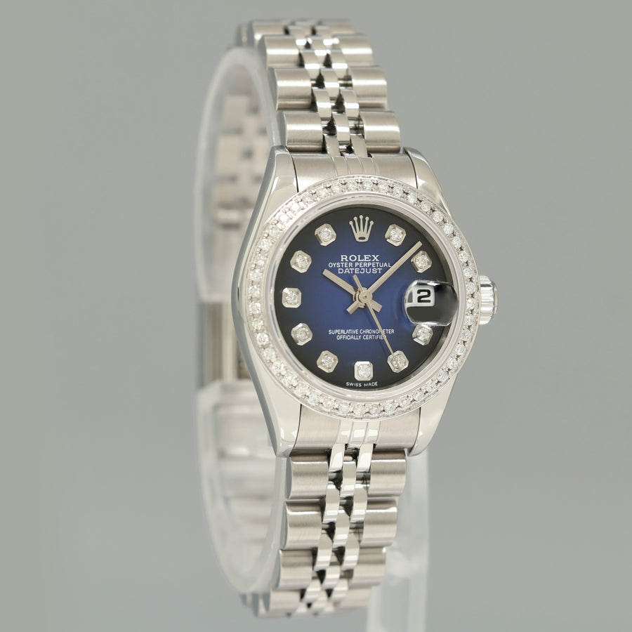 MINT Ladies Rolex 79174 DateJust 26mm Silver Blue Vignette Diamond Bezel Jubilee Watch