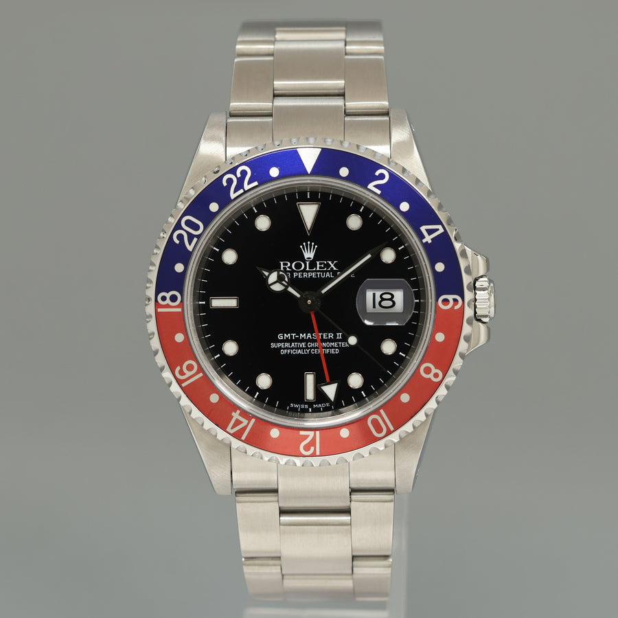 MINT 2001 Rolex GMT-Master II Pepsi Blue Red Steel 16710 Watch Black Watch Box