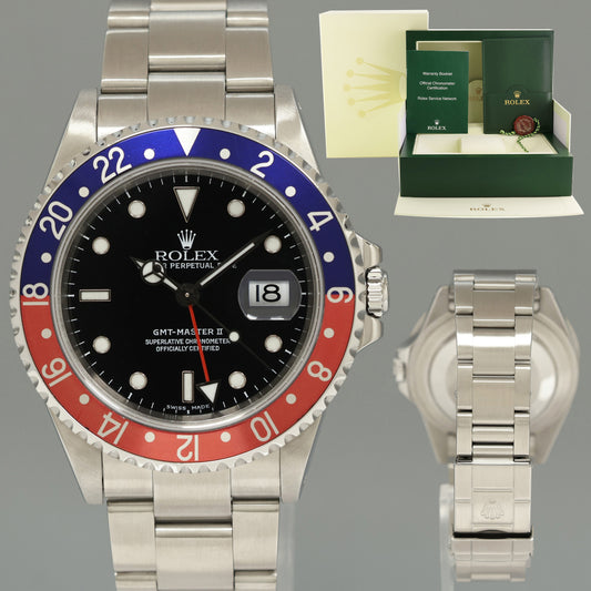 MINT 2000 Rolex GMT-Master 2 Pepsi Blue Red Steel 16710 Watch Black Watch Box