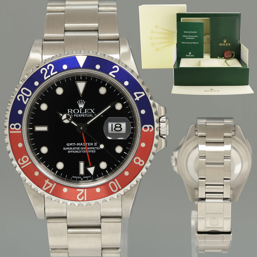 MINT 2001 Rolex GMT-Master II Pepsi Blue Red Steel 16710 Watch Black Watch Box
