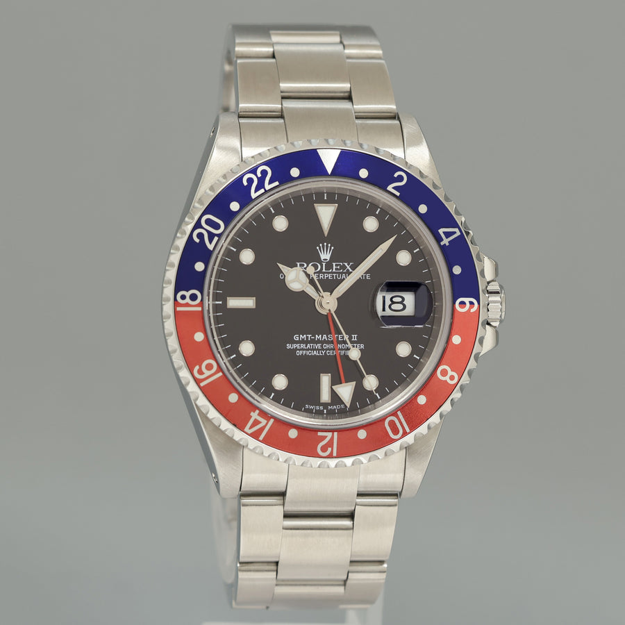 MINT 2001 Rolex GMT-Master II Pepsi Blue Red Steel 16710 Watch Black Watch Box