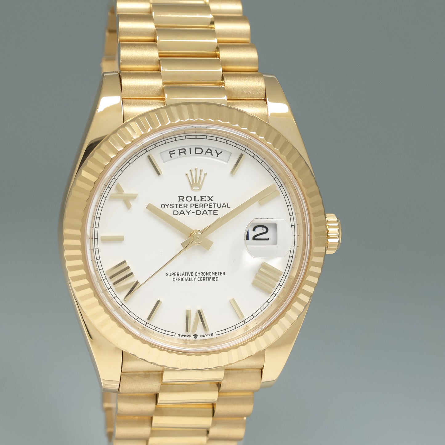 2022 MINT Rolex Day-Date 40 President 228238 White Roman Yellow Gold Watch Box