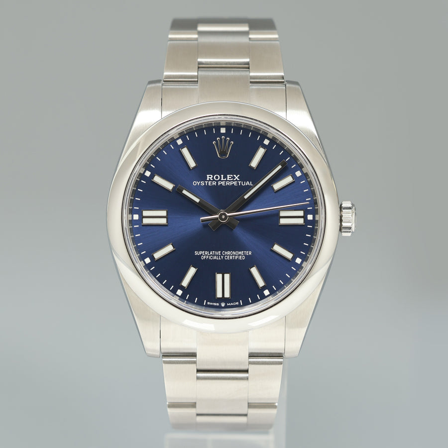 MINT 2021 Rolex Oyster Perpetual 41mm Blue Stick Oyster Watch 124300 Box