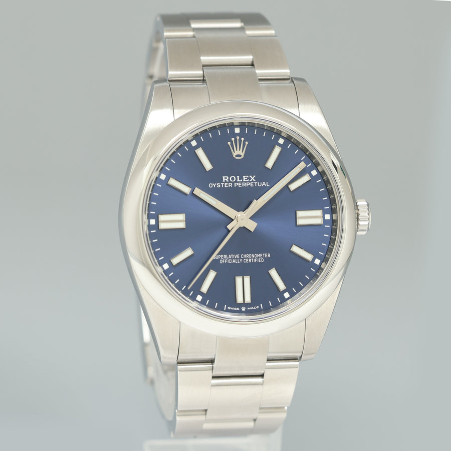 MINT 2021 Rolex Oyster Perpetual 41mm Blue Stick Oyster Watch 124300 Box