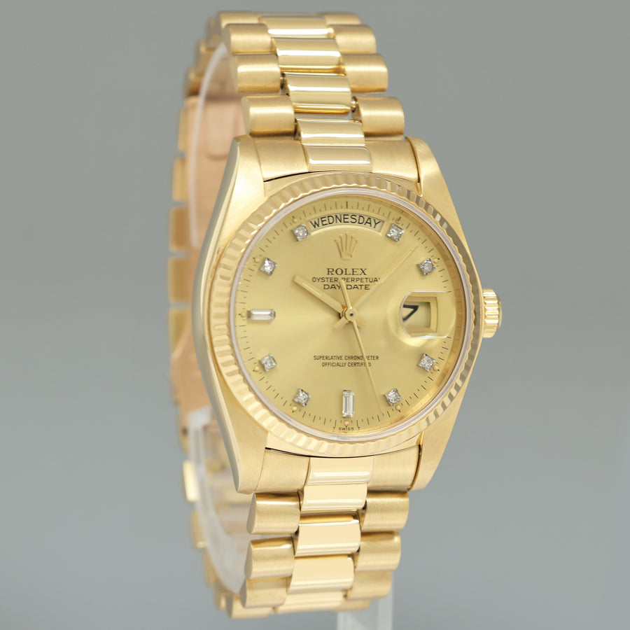 MINT DIAMOND Rolex President Day Date 18038 Yellow Gold Champagne Quickset Watch