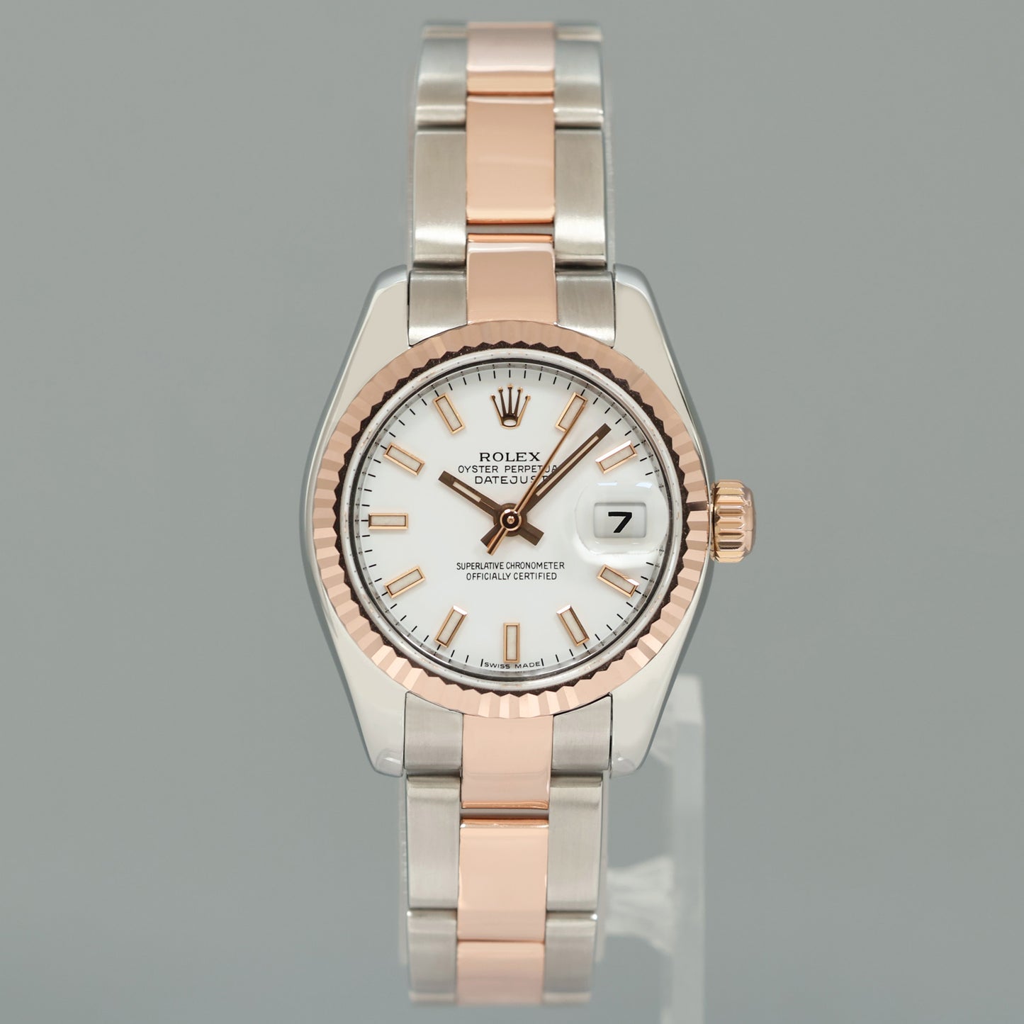 MINT Ladies Rolex DateJust 179171 White Stick Two-Tone Rose Gold Oyster Watch Box
