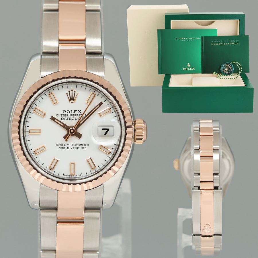MINT Ladies Rolex DateJust 179171 White Stick Two-Tone Rose Gold Oyster Watch Box