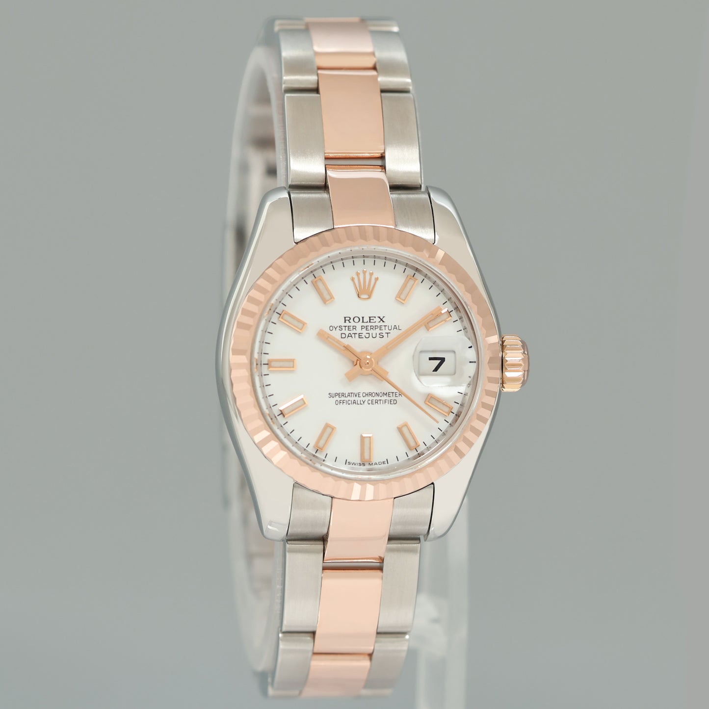 MINT Ladies Rolex DateJust 179171 White Stick Two-Tone Rose Gold Oyster Watch Box