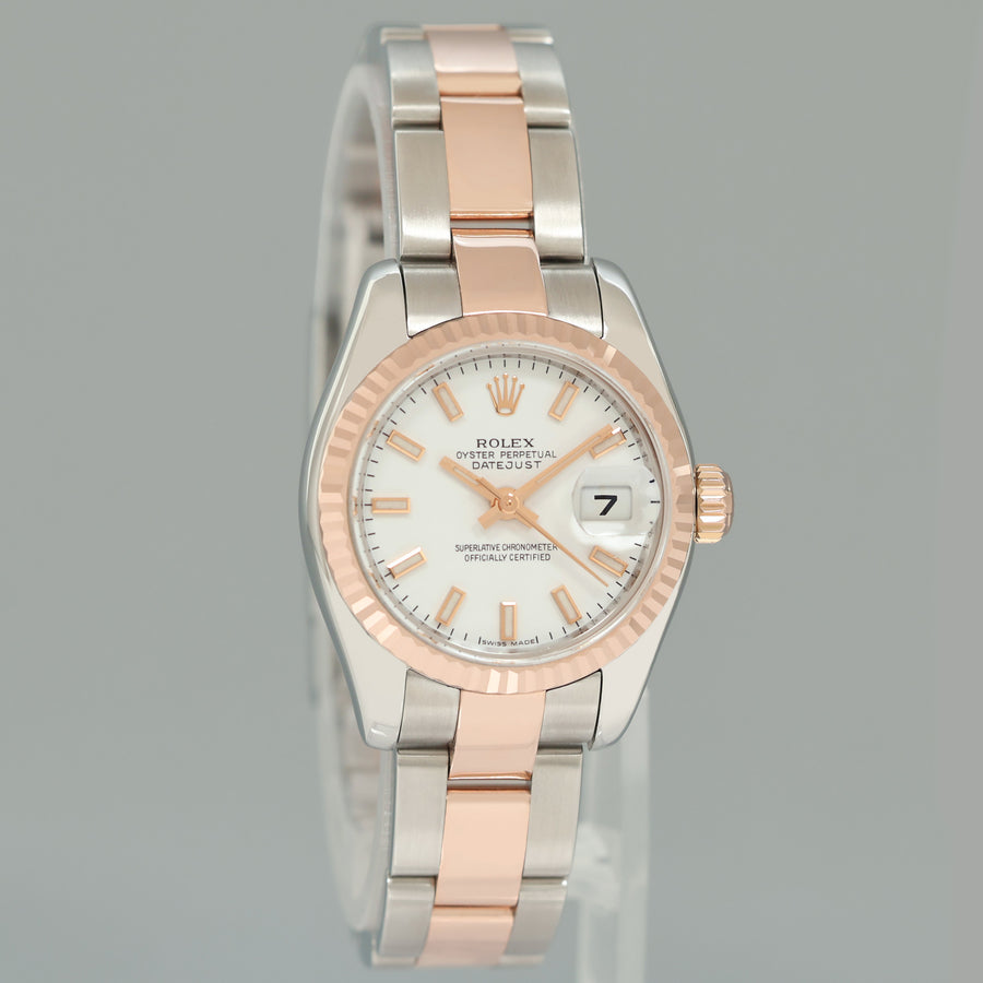 MINT Ladies Rolex DateJust 179171 White Stick Two-Tone Rose Gold Oyster Watch Box