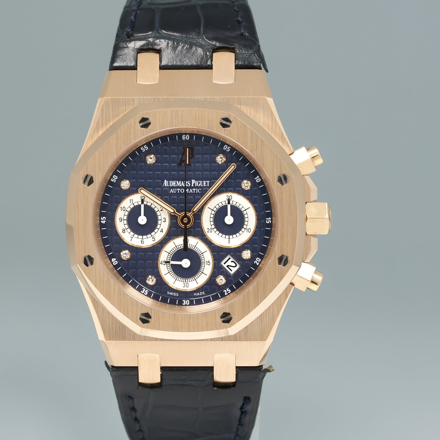 PAPERS Audemars Piguet Royal Oak Blue Limited 100 "QE II CUP" Diamond 26277OR Watch