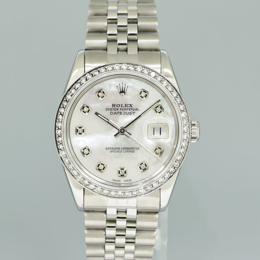 MINT DIAMOND Bezel Rolex DateJust 36mm Mother of Pearl 1600 Steel Watch Box
