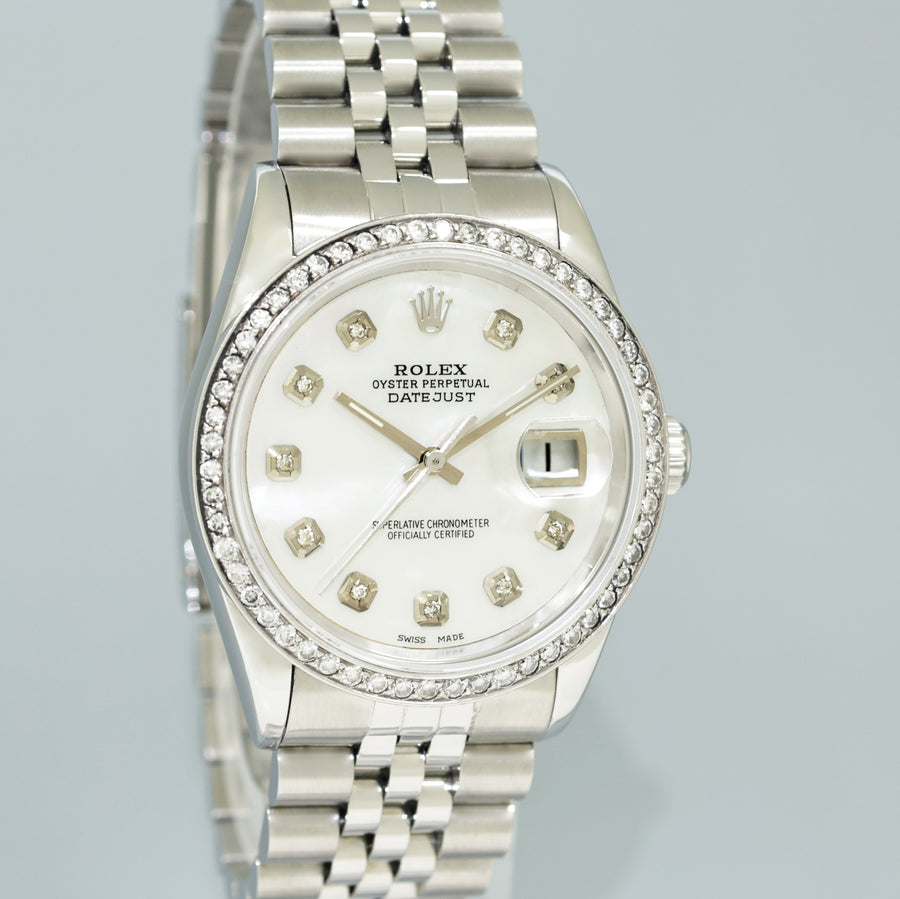 MINT DIAMOND Bezel Rolex DateJust 36mm Mother of Pearl 1600 Steel Watch Box