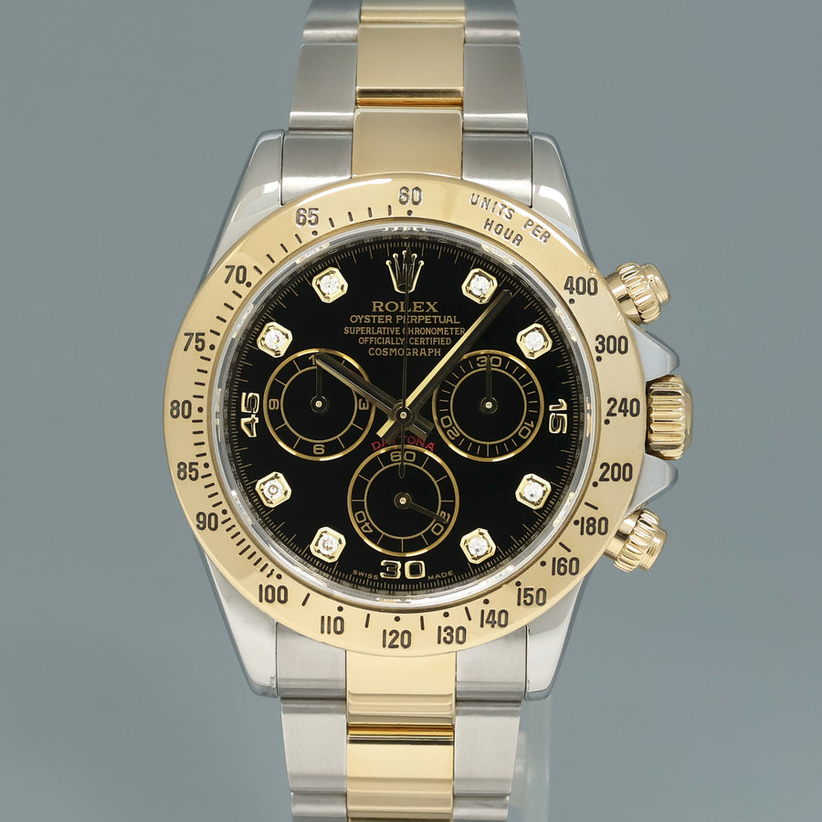 2009 MINT Rolex Daytona 116523 Black Diamond Dial Steel Yellow Gold Two Tone Watch