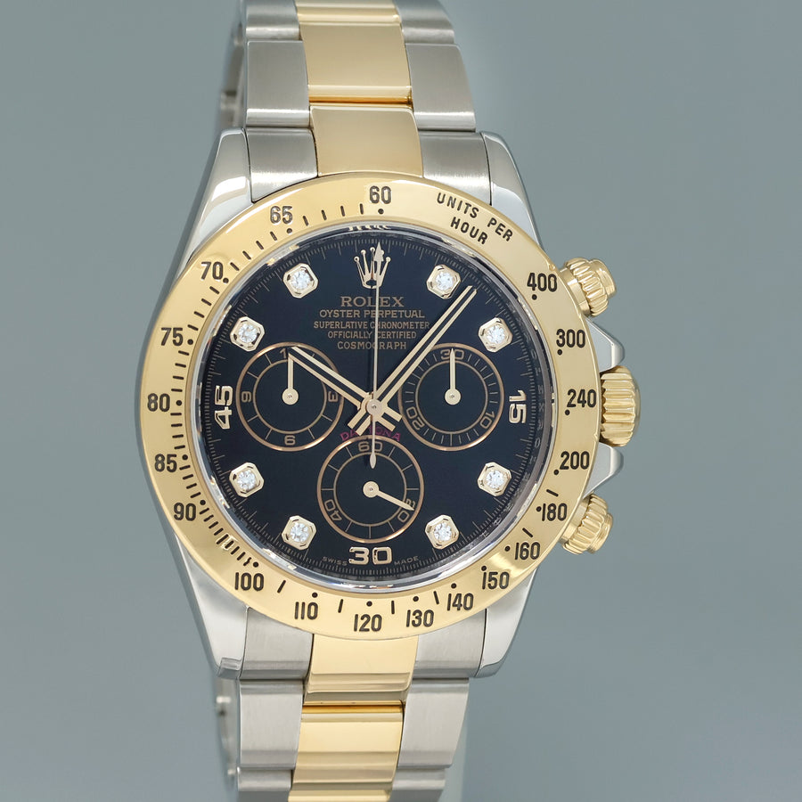 2009 MINT Rolex Daytona 116523 Black Diamond Dial Steel Yellow Gold Two Tone Watch