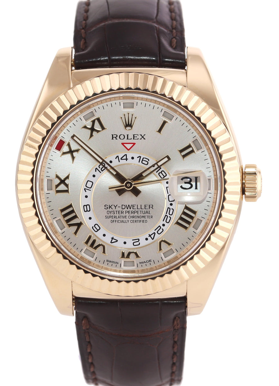 PAPERS MINT 2016 Rolex Sky-Dweller 18k Yellow Gold 326138 42mm Silver Roman Leather Watch\