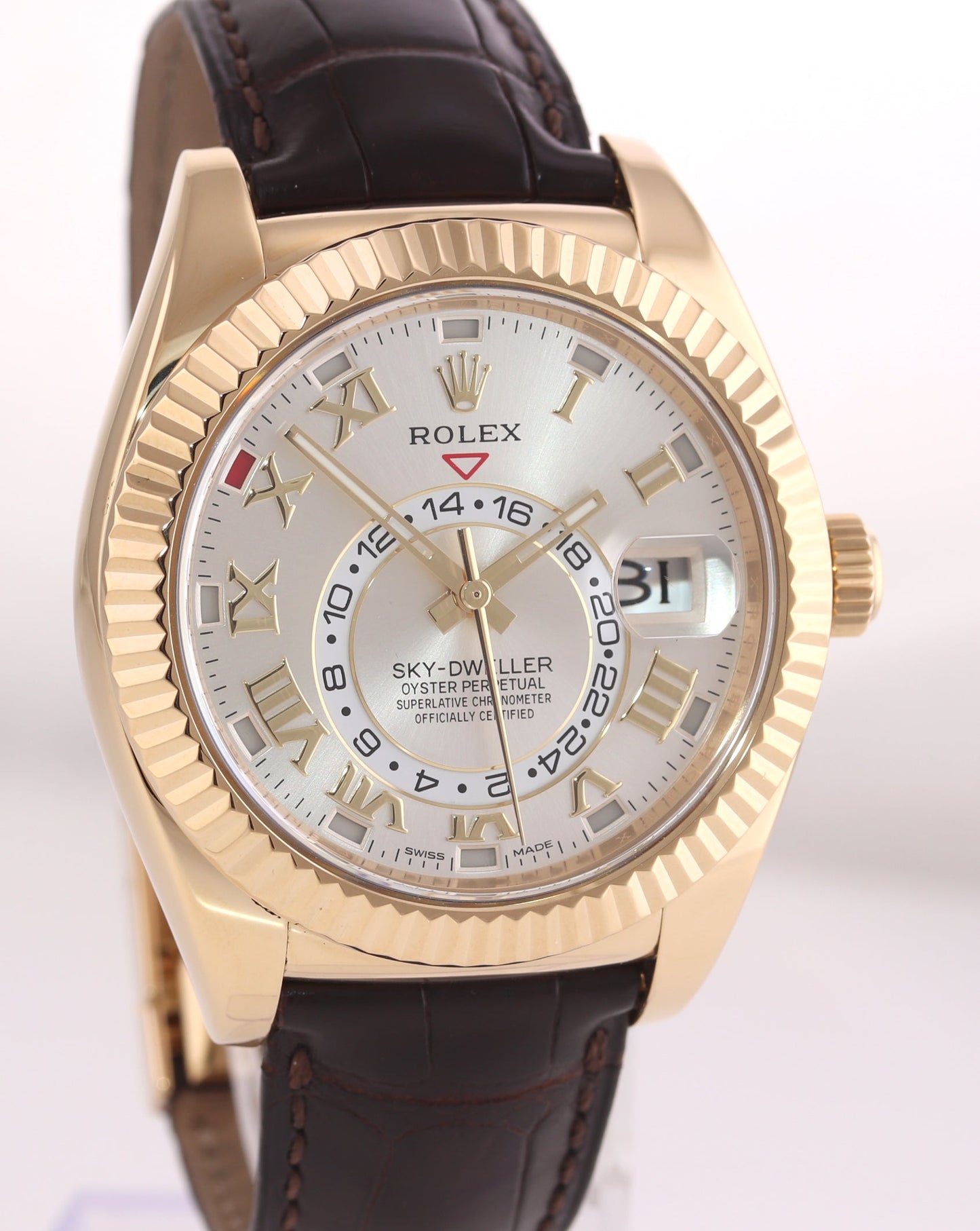 PAPERS MINT 2016 Rolex Sky-Dweller 18k Yellow Gold 326138 42mm Silver Roman Leather Watch\