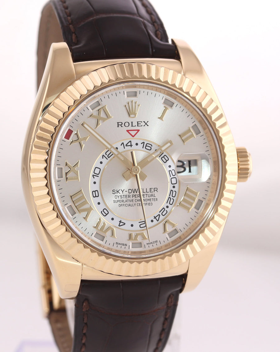 PAPERS MINT 2016 Rolex Sky-Dweller 18k Yellow Gold 326138 42mm Silver Roman Leather Watch\