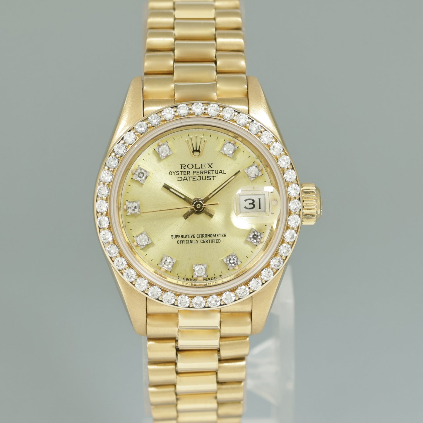 FACTORY DIAMOND Ladies Rolex President 26mm 69138 Yellow Gold Diamond Watch Box