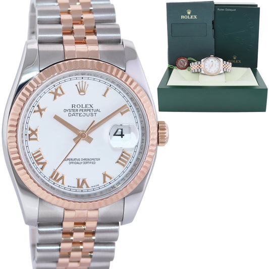 PAPERS MINT Rolex DateJust Jubilee Two Tone Steel 36mm 116231 Rose Gold White Roman Watch