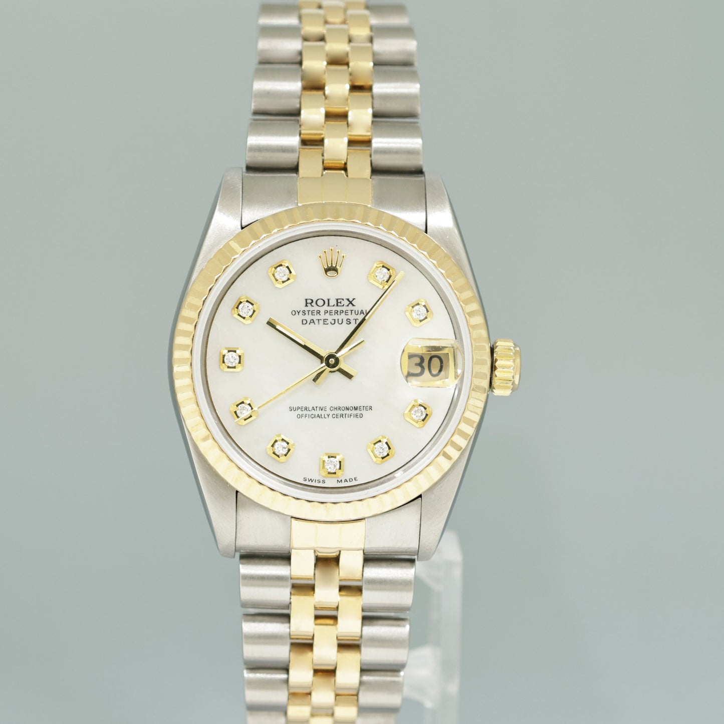 MINT Ladies Rolex 68273 Two Tone Yellow Gold Fluted Steel 31mm Pearl Diamond Watch