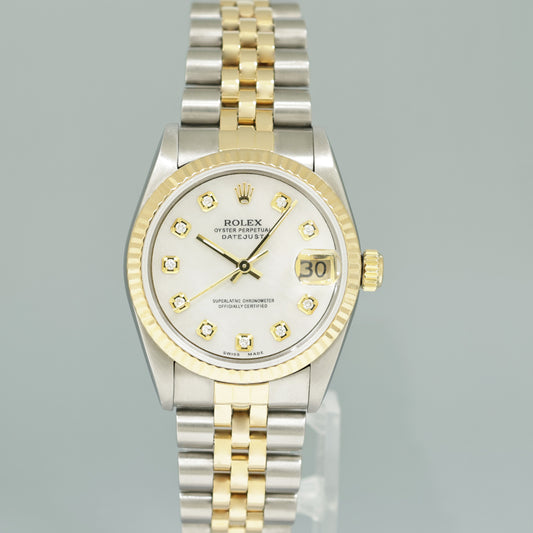 PAPERS MINT Ladies Rolex 68273 Two Tone 18k Yellow Gold Fluted Steel 31mm Pearl Diamond Watch