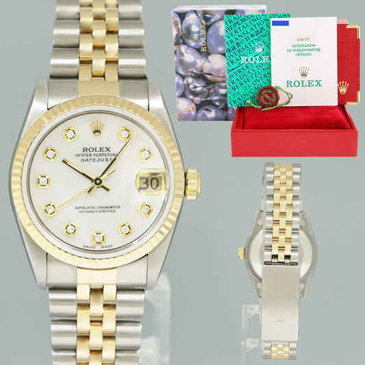 PAPERS MINT Ladies Rolex 68273 Two Tone 18k Yellow Gold Fluted Steel 31mm Pearl Diamond Watch
