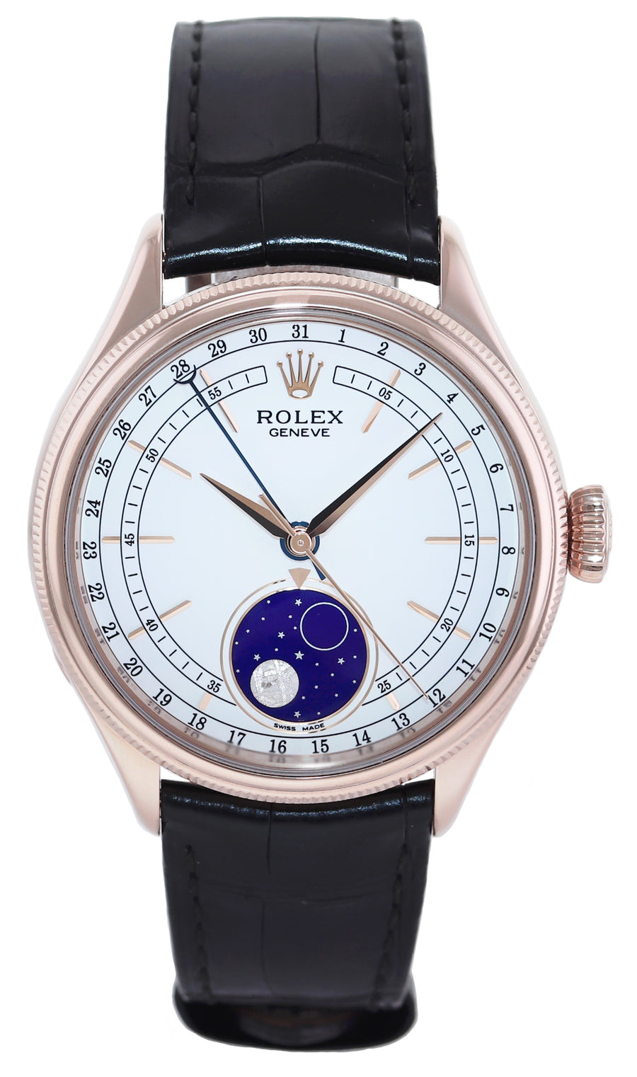 PAPERS Rolex Cellini Moonphase White Dial Rose Gold 39mm Leather 50535 Watch Box