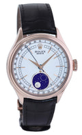 PAPERS Rolex Cellini Moonphase White Dial Rose Gold 39mm Leather 50535 Watch Box