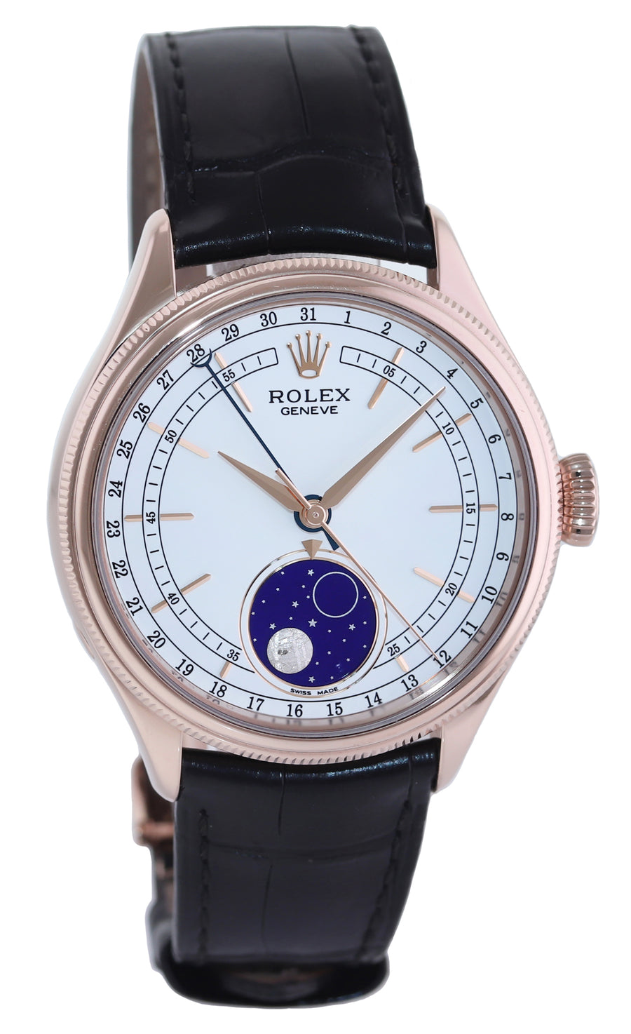 PAPERS Rolex Cellini Moonphase White Dial Rose Gold 39mm Leather 50535 Watch Box
