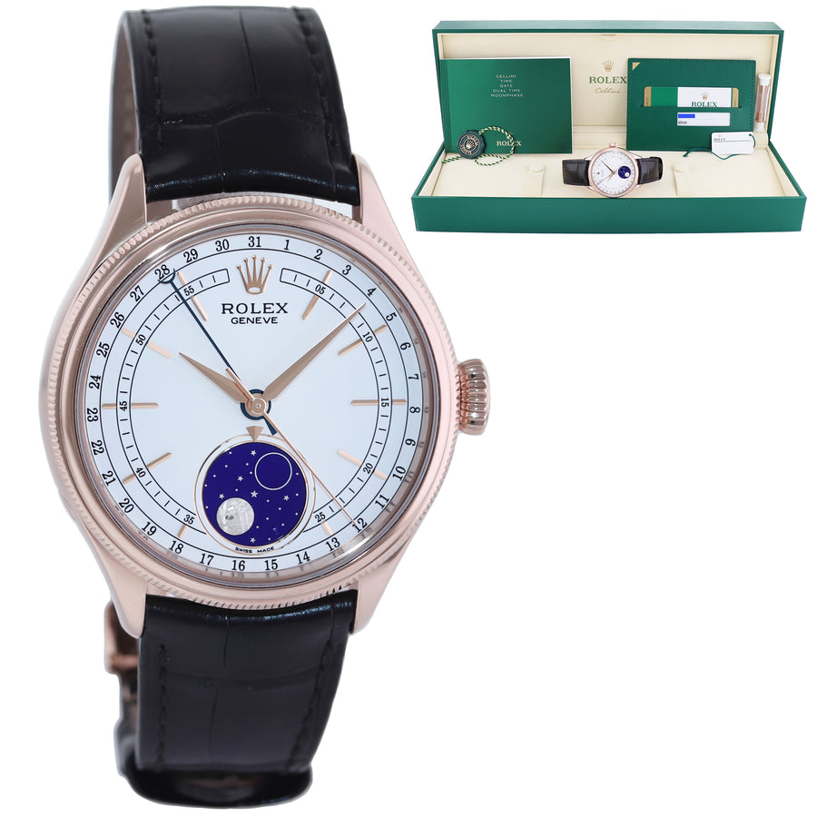 PAPERS Rolex Cellini Moonphase White Dial Rose Gold 39mm Leather 50535 Watch Box