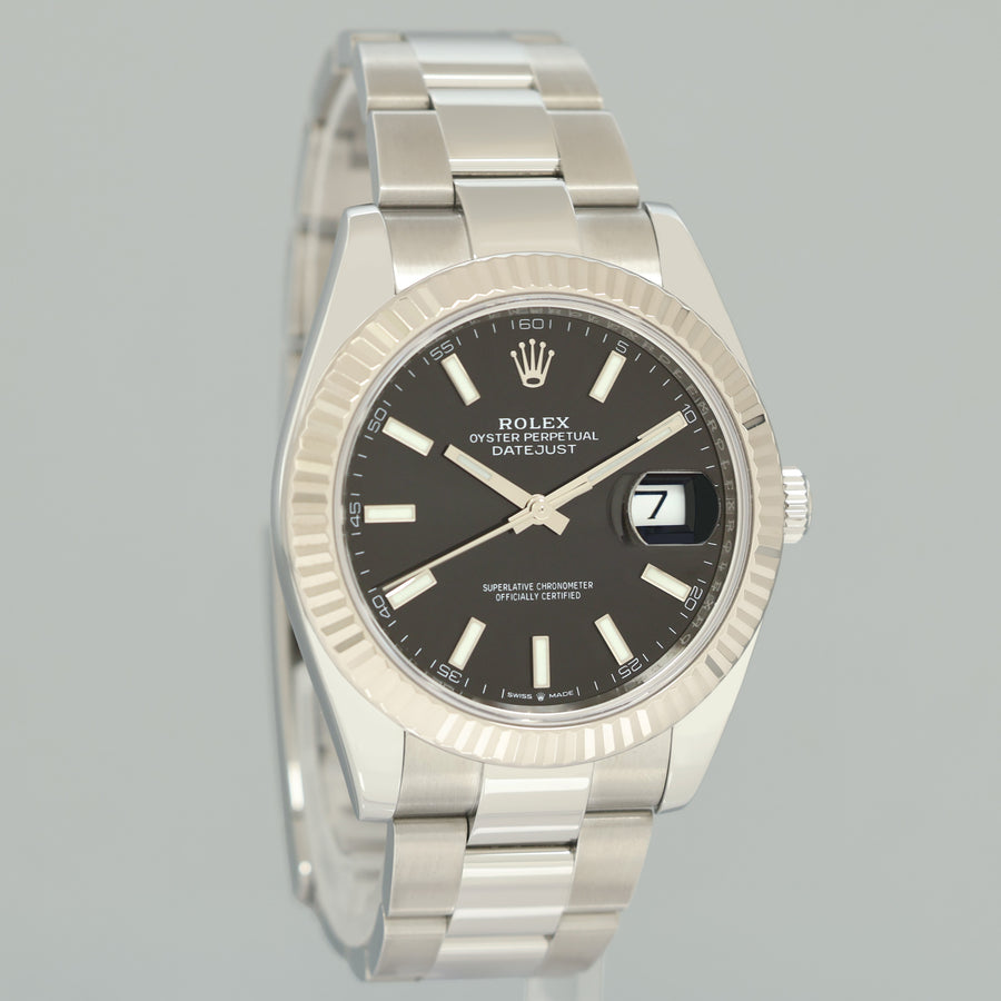 2019 MINT Rolex DateJust 41 Black Stick Oyster White Gold Fluted 126334 Watch Box