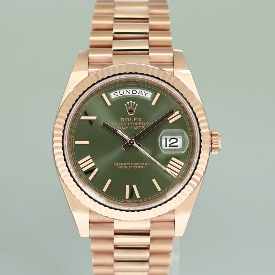 MINT PAPERS Rolex President 40mm Rose Gold Olive Green Roman 228235 Watch Box