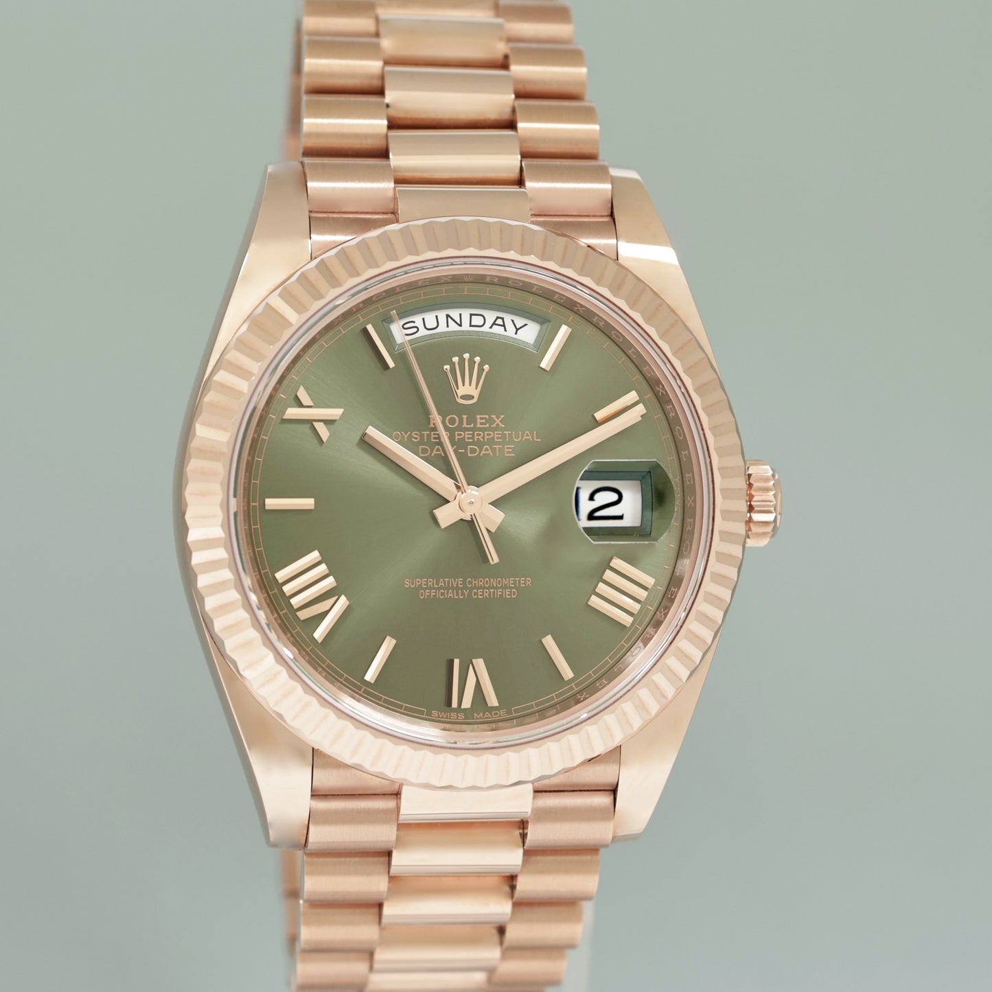 MINT 2019 PAPERS Rolex President 40mm Rose Gold Olive Green 228235 Watch Box