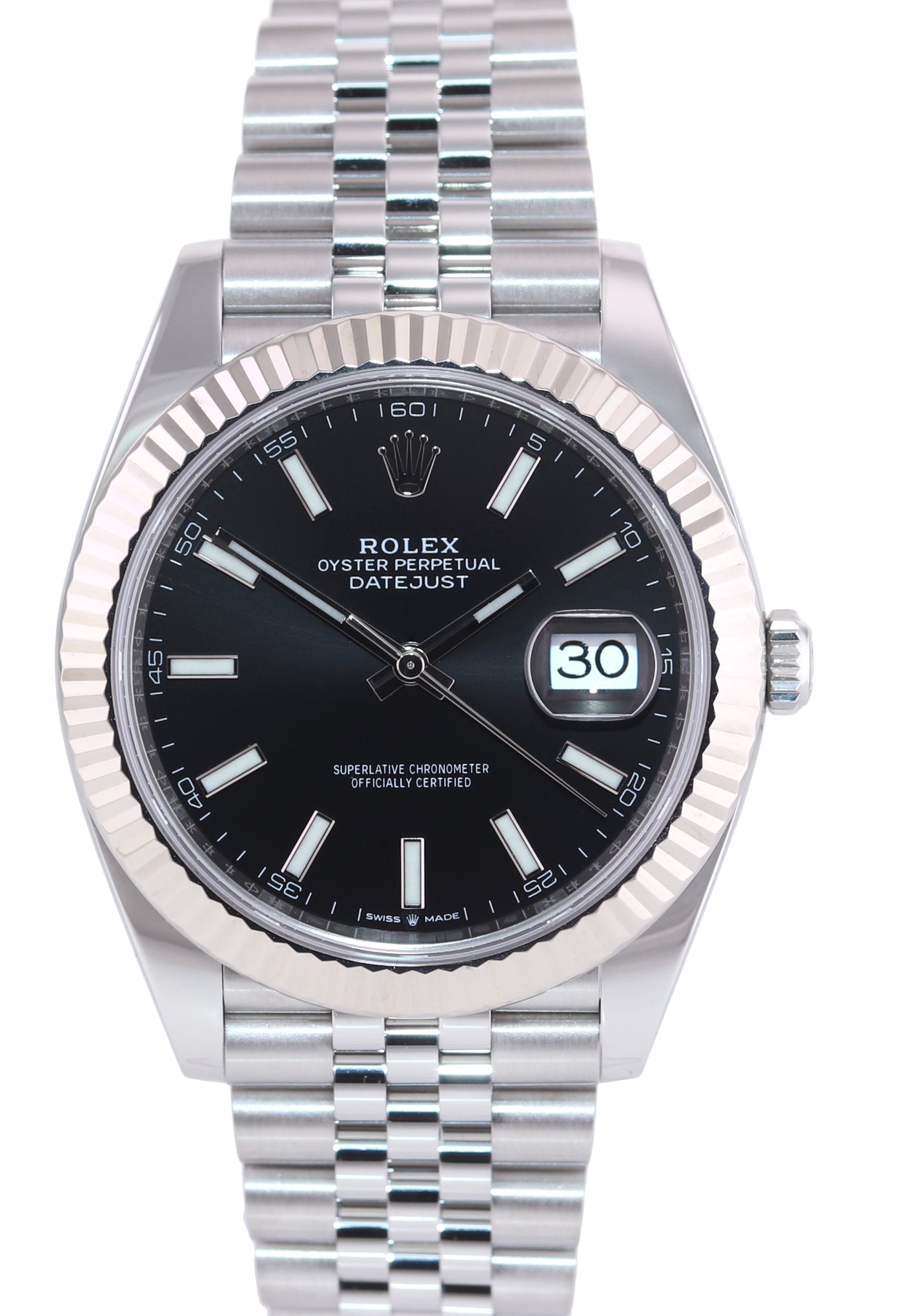 2023 NEW PAPERS Rolex DateJust 41 Black 126334 Steel White Gold Fluted Jubilee Watch