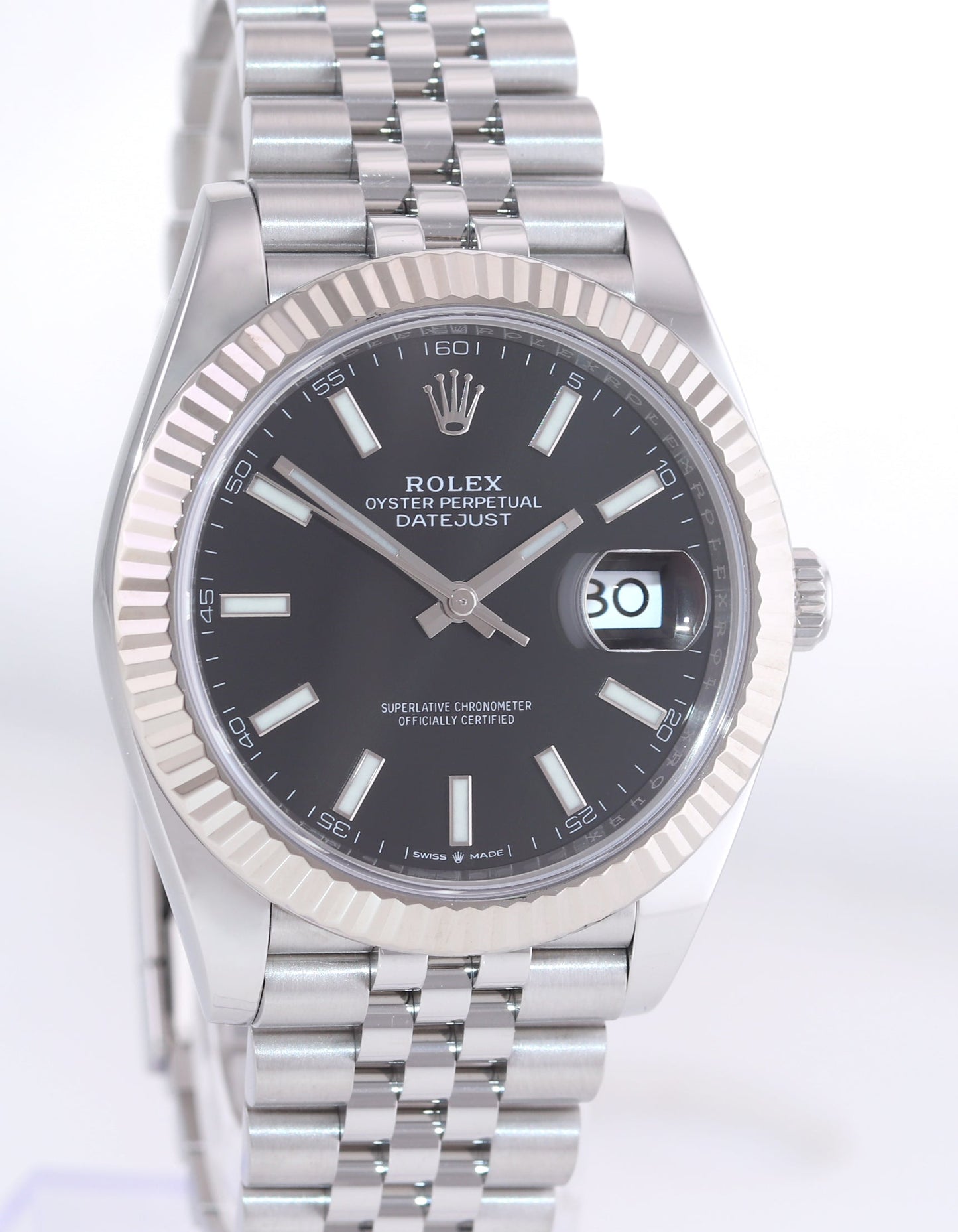 2023 NEW PAPERS Rolex DateJust 41 Black 126334 Steel White Gold Fluted Jubilee Watch