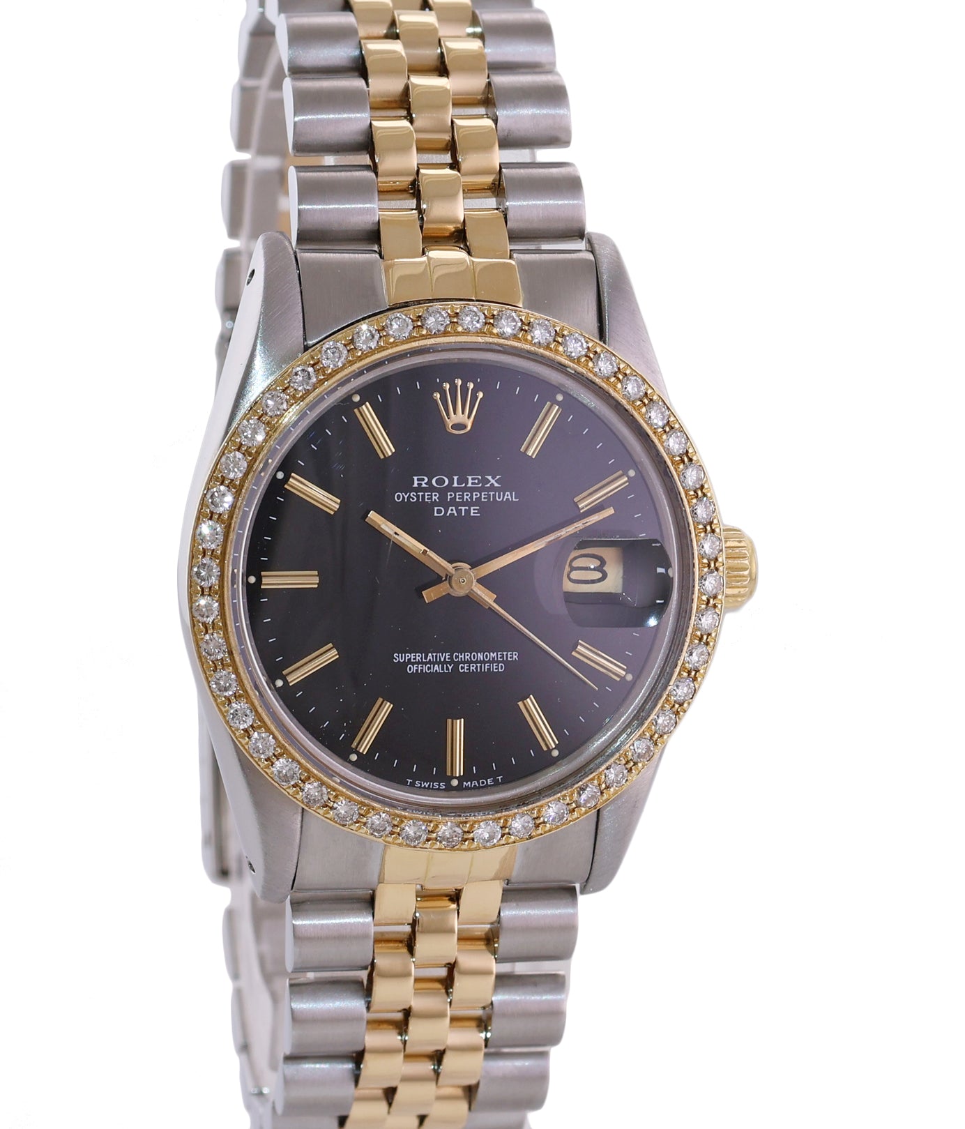 DIAMOND Bezel Rolex Oyster Perpetual Date Two Tone Steel Gold Black Stick Watch 15053