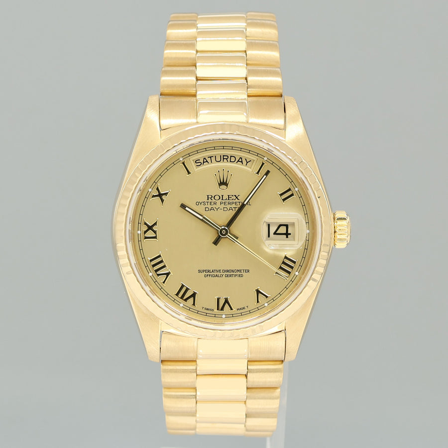 PAPERS MINT Rolex President Day-Date Champagne Roman 18038 Quickset Gold Watch