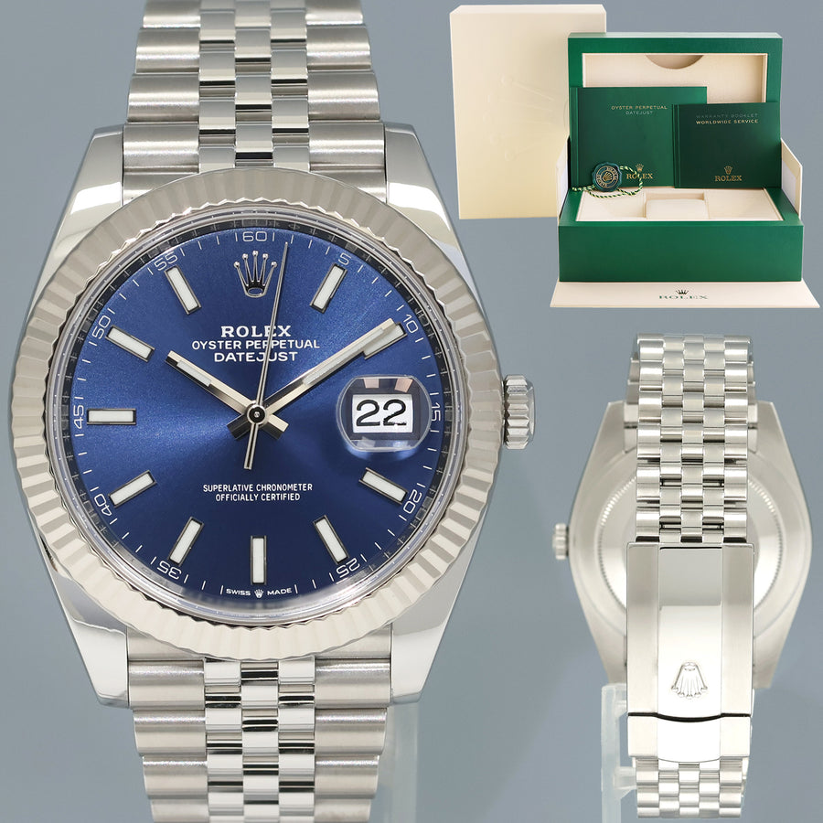 MINT 2022 Rolex DateJust 41 Blue Blue Stick Jubilee Fluted 126334 Watch Box