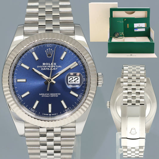 MINT PAPERS Rolex DateJust 41 Blue Stick Steel 41mm Jubilee White Gold Fluted 126334 Watch