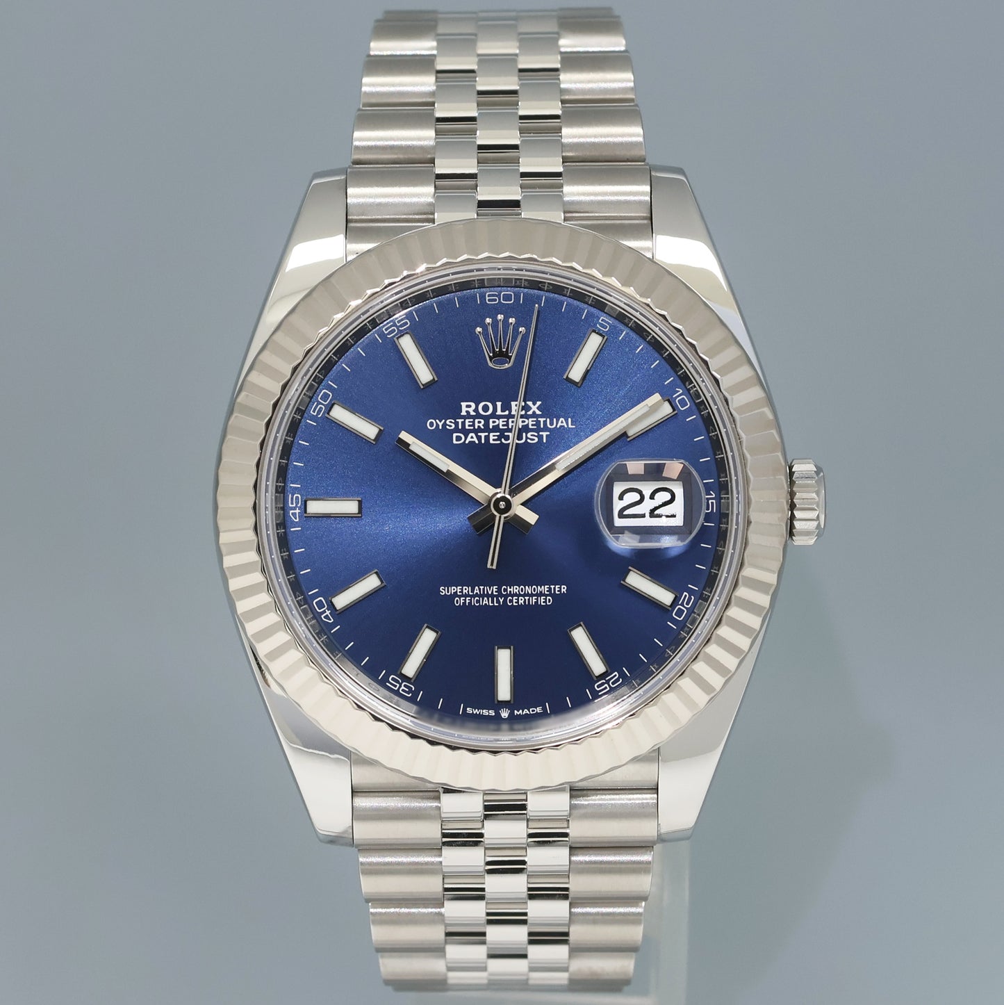 MINT 2022 Rolex DateJust 41 Blue Blue Stick Jubilee Fluted 126334 Watch Box