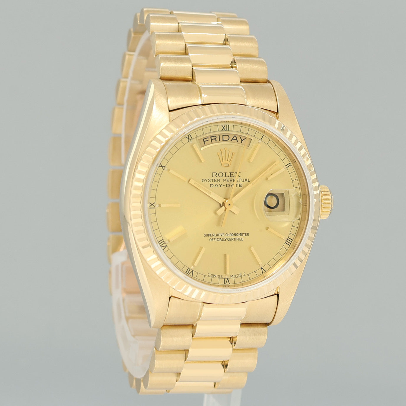 MINT Rolex President Day Date 18038 Yellow Gold Champagne Quickset Watch