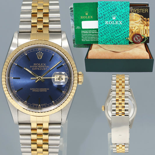MINT 2000 Rolex DateJust 16233 Two Tone Yellow Gold Jubilee Blue Stick Watch Box